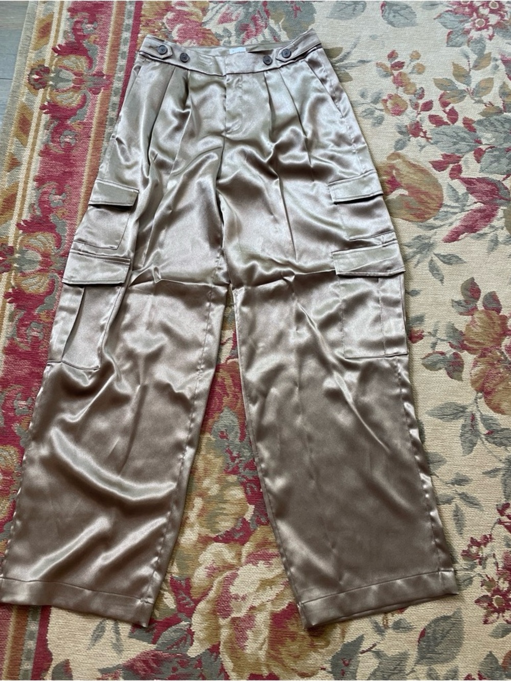Satin Look Bronze Cargo Wide-Leg Pants